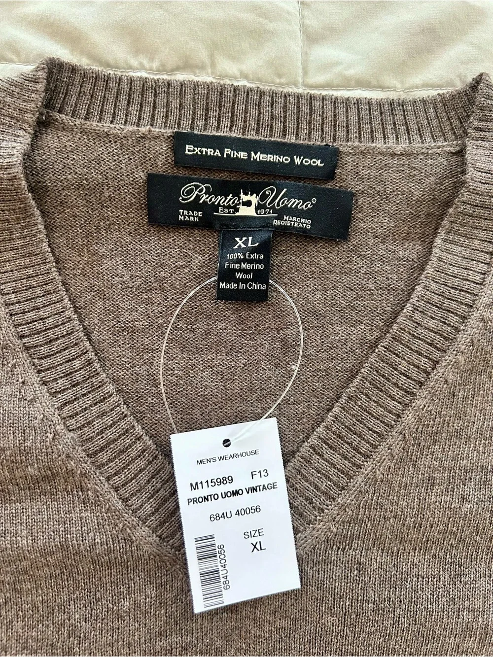 Pronto Uomo 100% Extra Fine Merino Wool Men’s V-Neck Sweater - Brown, XL - NWT